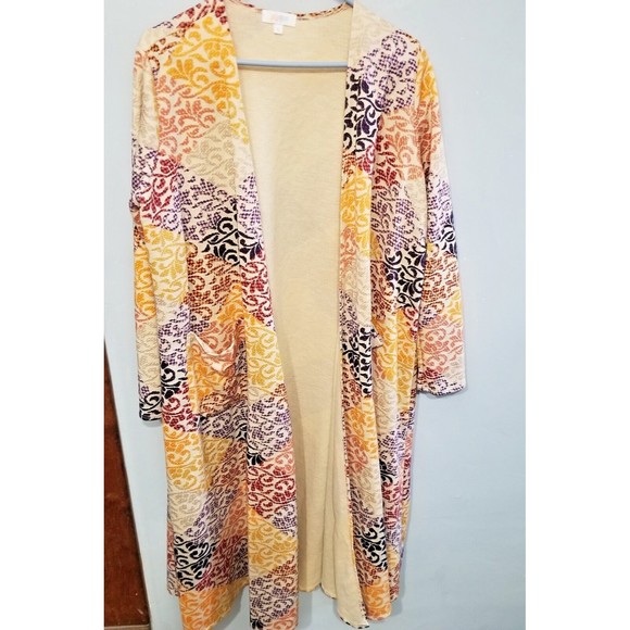 LuLaRoe Cardigan Long Duster Size L Beige Purple Open Front Patchwork - Picture 1 of 13